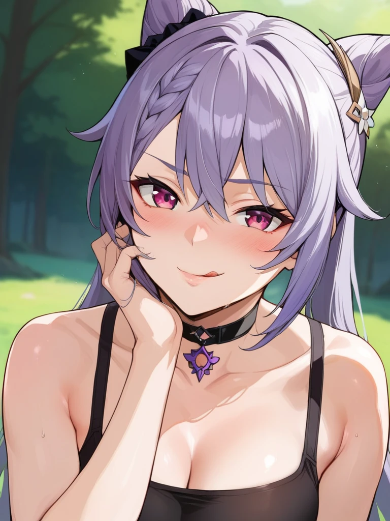 score_9, score_8_up, score_7_up, score_6_up, source_anime, BREAK by ikuchan kaoru, iku, clean color, flat color,1girl, genshin impact, keqing genshin impact, outdoors, in Forest, face focus, face closeup, face, face only, smug, shy, embarrassed, licking lips, ((seductive)), alluring, seduce, hair over one eye, tongue, licking lips, adjusting hair, BLACKED, BLACKED CHOKER, BLACKED CLOTHING, BLACKED ATTIRE, MEME ATTIRE, pan african flag