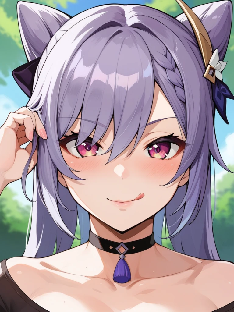 score_9, score_8_up, score_7_up, score_6_up, source_anime, BREAK by ikuchan kaoru, iku, clean color, flat color,1girl, genshin impact, keqing genshin impact, outdoors, in Forest,  face focus, face closeup, face, face only, smug, shy, embarrassed, licking lips, ((seductive)), alluring, seduce, hair over one eye, tongue, licking lips, adjusting hair,  BLACKED, BLACKED CHOKER, BLACKED CLOTHING, BLACKED ATTIRE, MEME ATTIRE,  pan african flag