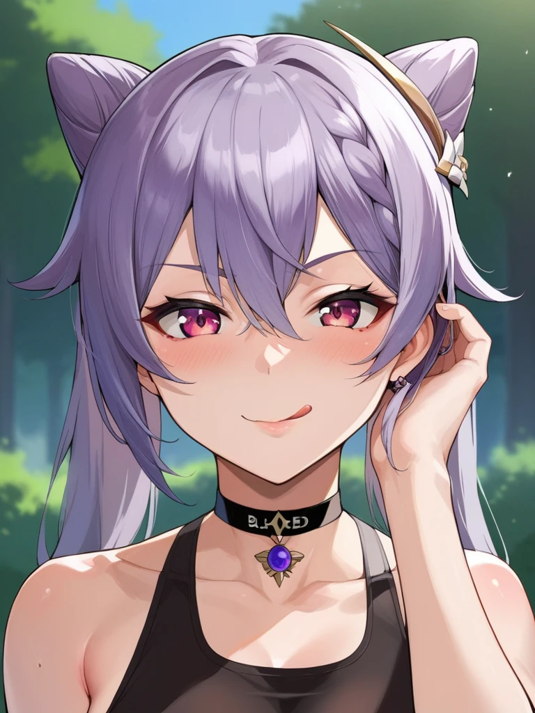 score_9, score_8_up, score_7_up, score_6_up, source_anime, BREAK by ikuchan kaoru, iku, clean color, flat color,1girl, genshin impact, keqing genshin impact, outdoors, in Forest, face focus, face closeup, face, face only, smug, shy, embarrassed, licking lips, ((seductive)), alluring, seduce, hair over one eye, tongue, licking lips, adjusting hair, BLACKED, BLACKED CHOKER, BLACKED CLOTHING, BLACKED ATTIRE, MEME ATTIRE, pan african flag