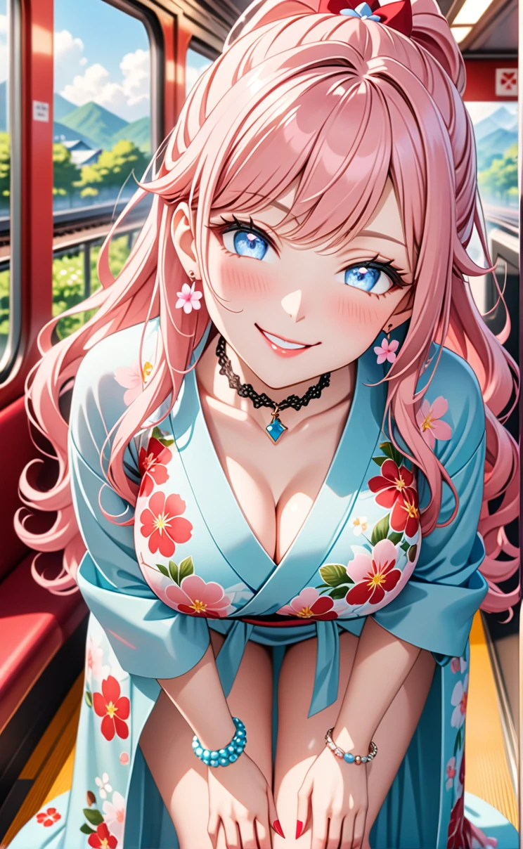 ultra-detailed, ((one girl)), (pale skin:1.3), in pastel colors gyaru, (heavy makeup), hyper detailed, absurdres, 8K, Beautiful Face, (Laugh shyly), ((teasing smile:1.8)), ((Wink:1.7)), (Laugh with your mouth wide open),((Tilt your head:1.6)), View your viewers, ((Bright red cheeks:1.6)),Glossy Red Lips, ((Big Breasts:1.5)), (show off breast), ((undressing)), noon, on the train, (Brighten your face), ((Anime style background)),masterpiece, Highest quality, so beautiful,Latest, Complex details, (Pink long nails), (nail art), (ring),(bracelet), (Floral Choker),AI-generated, Complex,High resolution, Highest quality, super high quality,3D Images、3D Images,One person,Pastel pink long hair,(High Ponytail), (wavy hair:1.3), Pastel anime woman posing for a photo, ((Fine grain、blue eyes、glowing eyes:1.4)), (Squint your eyes:1.1),a hyperRealistic , hyperRealistic , Realistic,Anime woman with long pastel pink hair, Smooth anime CG art, A girl in a gorgeous pastel-colored kimono, ((Pastel-colored furisode)),(Pink large floral pattern), Long flower hair ornament,Floral Earrings,Mature Body, tall,Narrow waist, ((leaning forward:1.6)), ((hand between legs:1.5)), (from above),