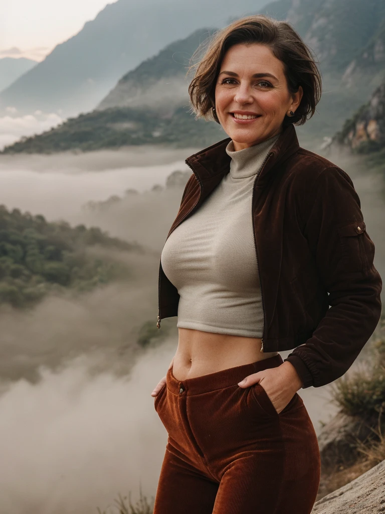 1 girl, photorealistic, realistic, her name is Elise, middle age, a 45-year-old woman with gray hair, body of 45-year-old woman, wrinkles on her face and body, Alpine woman, ((dark brown hair, short hair))), smiling,(((dynamic pose))), nudity, (((The quiet mountains are shrouded in a sea of mist.,Stunning sunrise casting warm hues,Beautiful flowers bloomed in front of us.,The atmosphere is dreamy and peaceful.,Beautiful landscape of Thailand,Harmony between nature and humanity))), (((she choose a cropped corduroy jacket is tailored with a slightly boxy silhouette, featuring a plush texture and a rich color like brown. Its cropped length accentuates the waistline and adds structure to the ensemble. There is no top beneath the jacket, she paired it with color black high-waisted cycling shorts in a sleek, stretchy fabric that conforms to her figure))), (((boobies)))