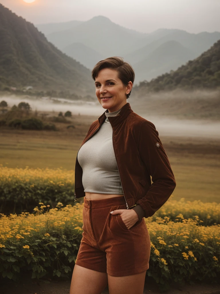 1 girl, photorealistic, realistic, her name is Elise, middle age, a 45-year-old woman with gray hair, body of 45-year-old woman, wrinkles on her face and body, Alpine woman, ((dark brown hair, short hair))), smiling,(((dynamic pose))), nudity, (((The quiet mountains are shrouded in a sea of mist.,Stunning sunrise casting warm hues,Beautiful flowers bloomed in front of us.,The atmosphere is dreamy and peaceful.,Beautiful landscape of Thailand,Harmony between nature and humanity))), (((she choose a cropped corduroy jacket is tailored with a slightly boxy silhouette, featuring a plush texture and a rich color like brown. Its cropped length accentuates the waistline and adds structure to the ensemble. There is no top beneath the jacket, she paired it with color black high-waisted cycling shorts in a sleek, stretchy fabric that conforms to her figure))), (((???????)))