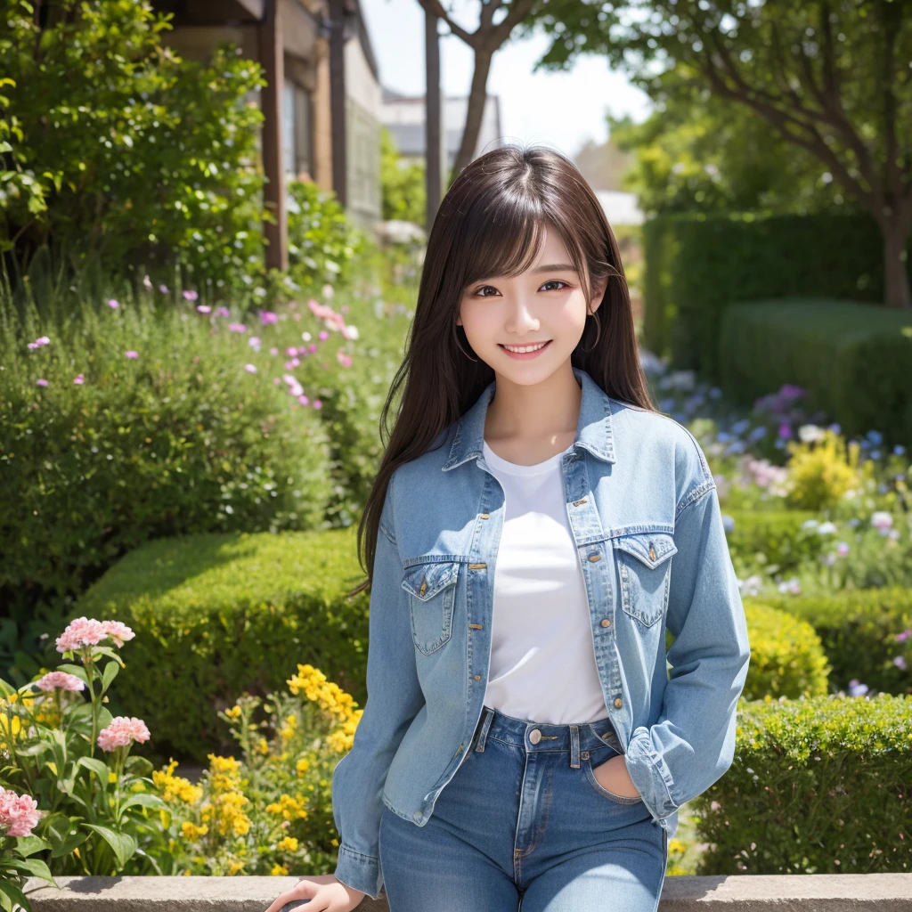 HD detailed, Super detailed, Realistic,Hyperrealism,Best image quality、Highest quality、masterpiece、Ultra-high resolution、Like the picture:1.5、Professional Lighting、One Girl、18-year-old,Japanese,Long sleeve、Wearing a buttoned-up denim shirt and jeans、A kind smile、Show the whole body、garden