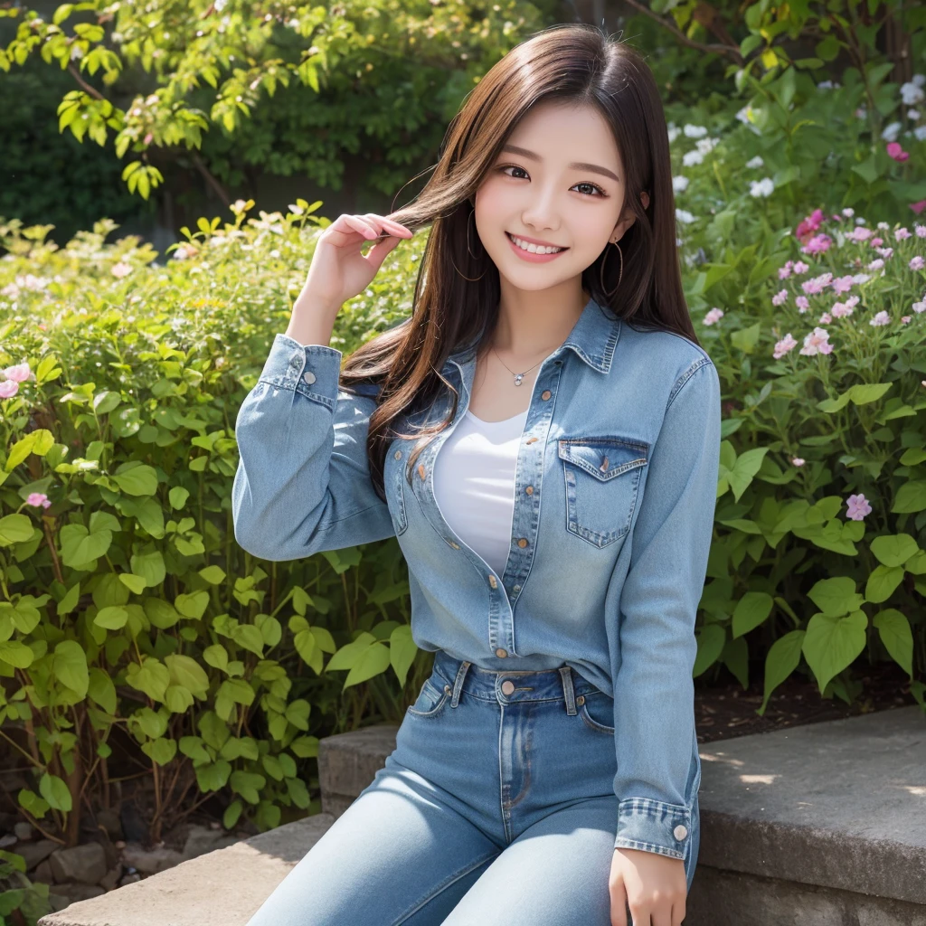 HD detailed, Super detailed, Realistic,Hyperrealism,Best image quality、Highest quality、masterpiece、Ultra-high resolution、Like the picture:1.5、Professional Lighting、One Girl、18-year-old,Japanese,Long sleeve、Wearing a buttoned-up denim shirt and jeans、A kind smile、Show the whole body、garden