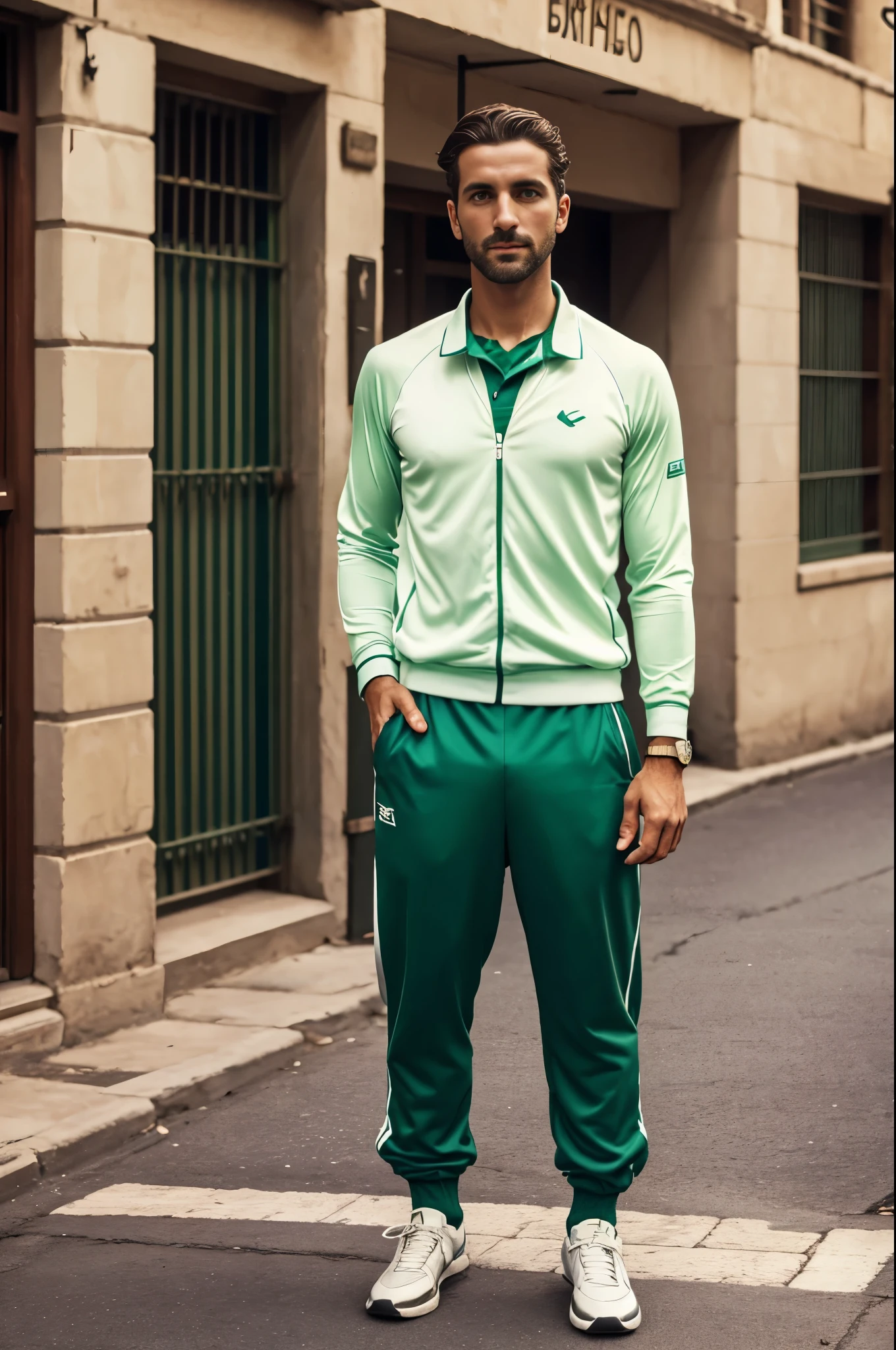 man, 30 years old, green eyes, handsome, 1900 style, tennis clothes from 10's, stylish, from Egypt, FUJIFILM, cinematography, 16k, uhd, in a street