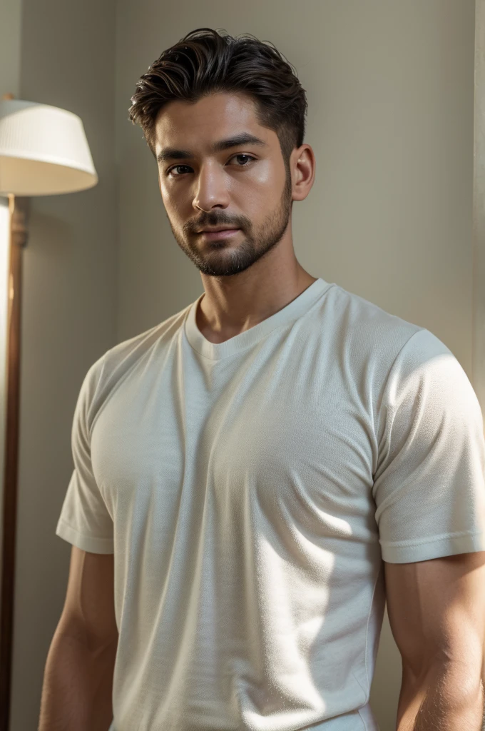 (8K、RAWE Photo、Highest quality、masterpiece:1.2)、(Real、Photorealistic:1.37)、Super detailed、Ultra-high resolution、1 male、Beautiful detailed face、(Feather Cut: 0.6)、Professional Lighting、The lighting is bright、Actor、model、Daytime、bright , simple background ,Simple Background、Slender、beard、Face close-up、from the front、True Face、all back、Two Block、40s、40s男性、