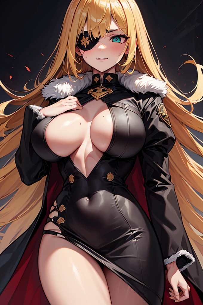 ((masterpiece)), ((best quality)), 1girl, adult, long hair, big bust, ((blonde hair)), very long blonde hair, ((intimidant look)), ((close-up)), profile image, green eyes, black and red clothes, sexy, dark colors, brillant eyes, ((coat with fur)), ((wavy hair)), exposed skin, ((sexy pose)), ((intimidant look)), good anatomy, ((dark sage clothes)), ((straight cut bangs)), emotionless, intimidant, ((beautiful eyes)), dark background, close up, ((detailed eyes)), beautiful eyes, ((detailed face)), hair bang, frontal look, evil, relaxed, smile, magical goddess othinus, abs, detailed face, eyepatch, huge tits, full body, ((detailed))