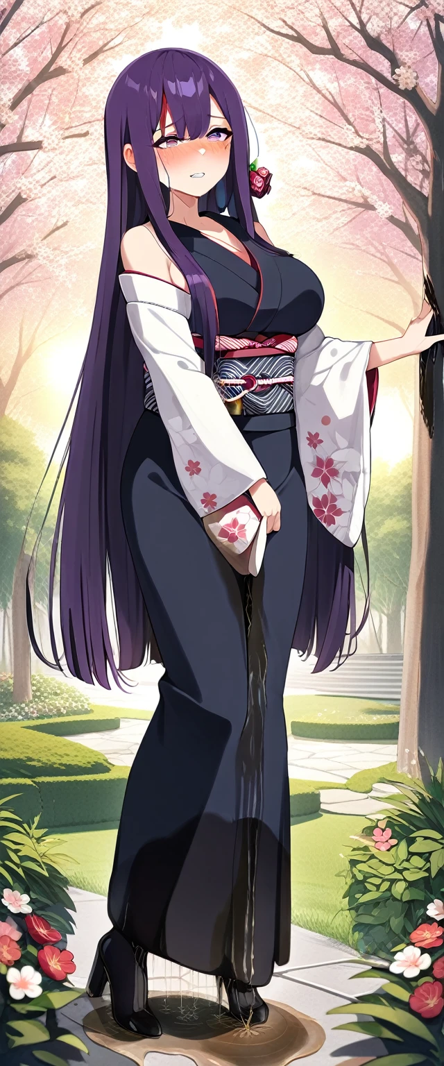 (masterpiece:1.37), best quality, (extremely detailed:1.37), (1girl:1.5), woman, (mature:1.5), (adult:1.5), large breasts, very long hair, (straight hair:1.5), (very dark purple hair:1.5), purple eyes, (extremely detailed eyes:1.37), (furisode:2.0), desperation, (wetting self:2.0), standing, embarrassed, humiliation, blushing, angry, cherry blossoms, garden, (golden hour:1.5), full body