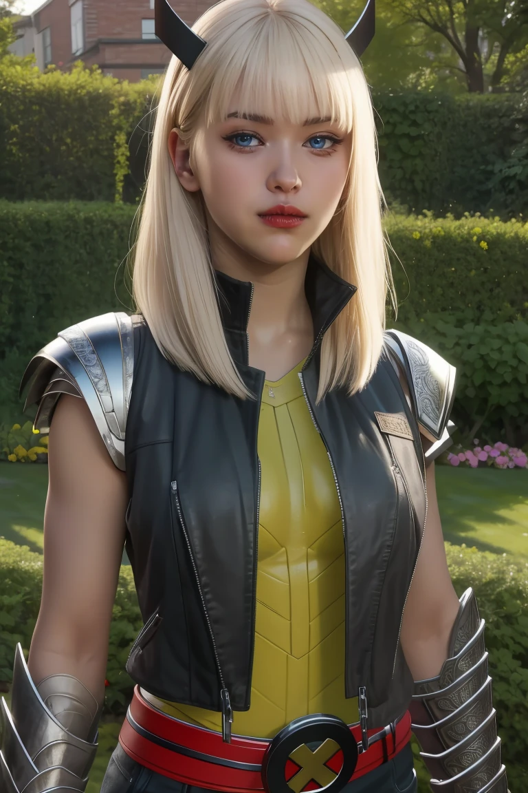 magik,blond hair,blue eyes,horns,bangs,
bodysuit,x belt,open black vest,armored left arm,single gauntlet,
standing,upper body,smile,
night,garden,
(insanely detailed, beautiful detailed face,beautiful detailed eyes, masterpiece, best quality),solo,