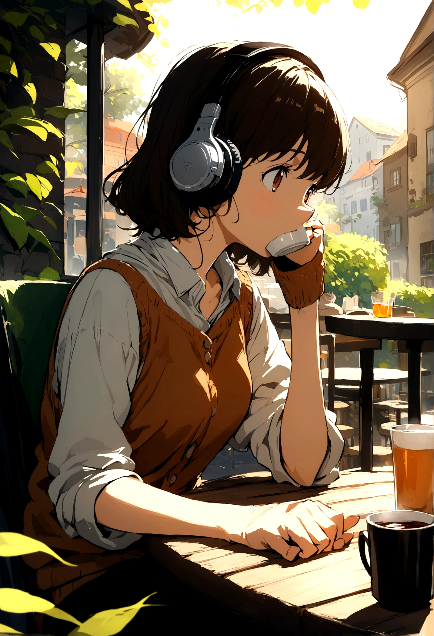 Urban cafe with terrace,wide々And in space , Woman drinking coffee , Wearing headphones , Studio Ghibli Animation , Warm sunshine , masterpiece