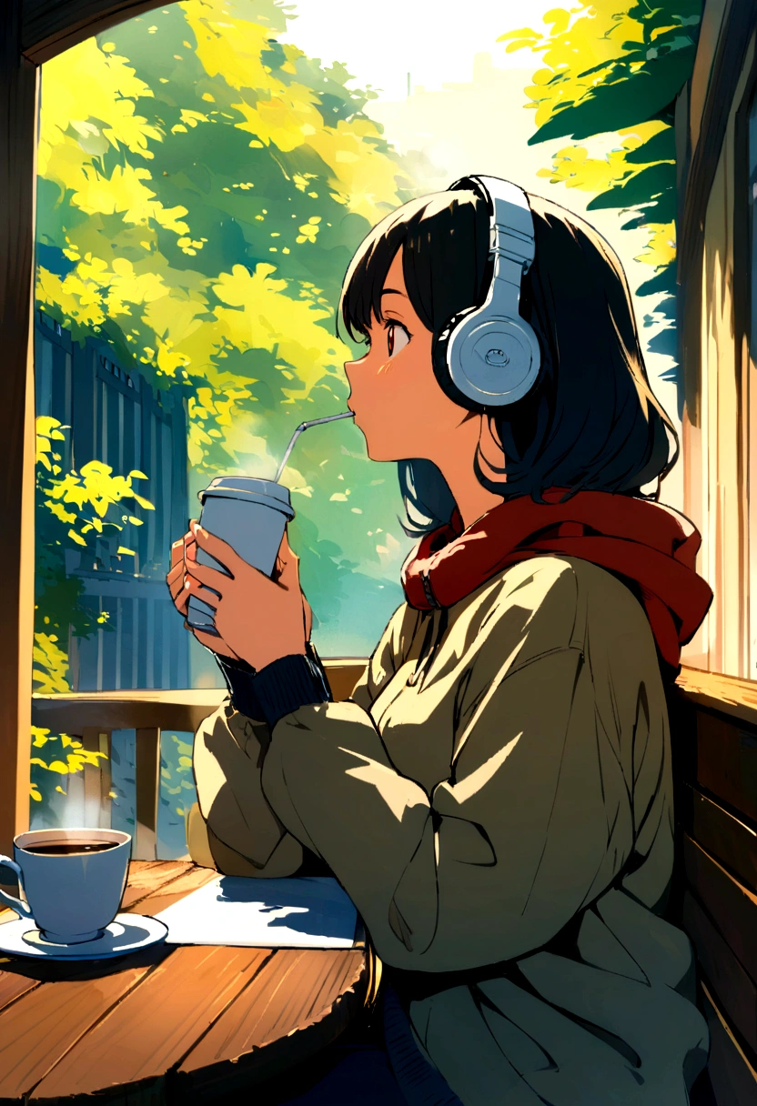 Urban cafe with terrace,wide々And in space , Woman drinking coffee , Wearing headphones , Studio Ghibli Animation , Warm sunshine , masterpiece