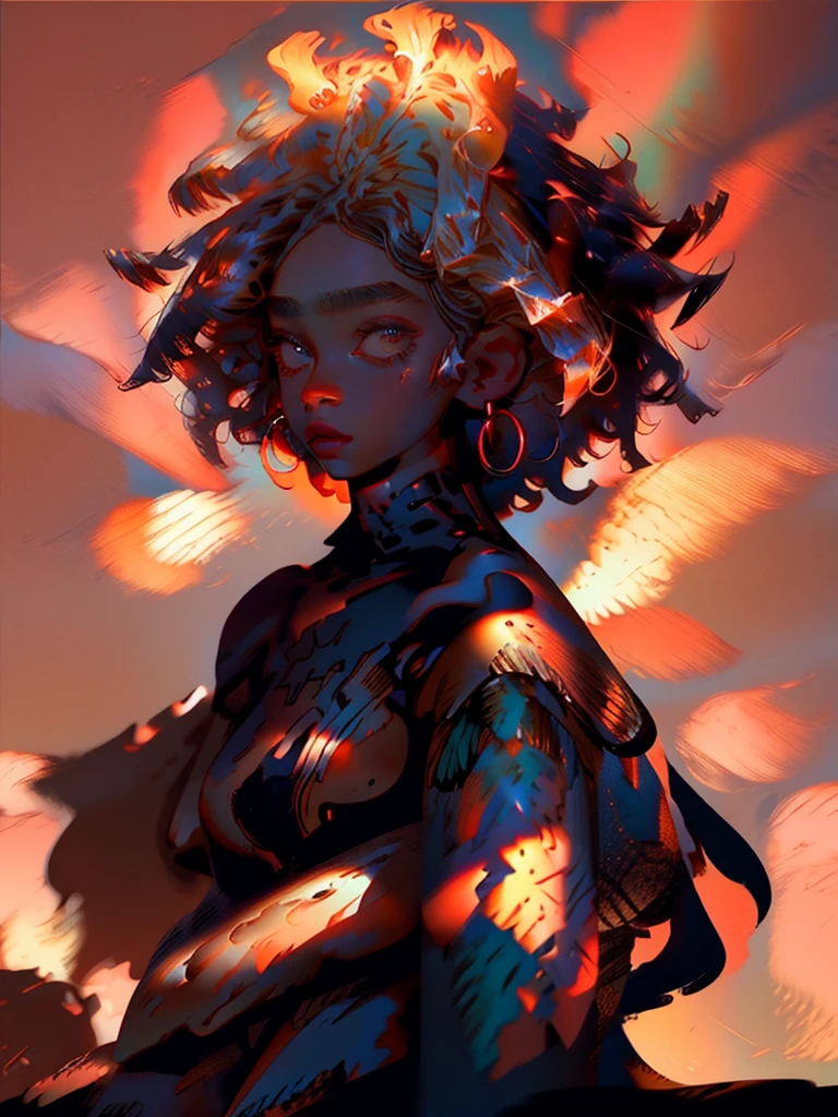 Very detailed, realistic, beautiful black woman, wearing dress, pretty woman, brown skin, HD, pretty face, vivid colors, fluorescent color, high quality, afro, afro hair, black woman, warm tones, natural lighting