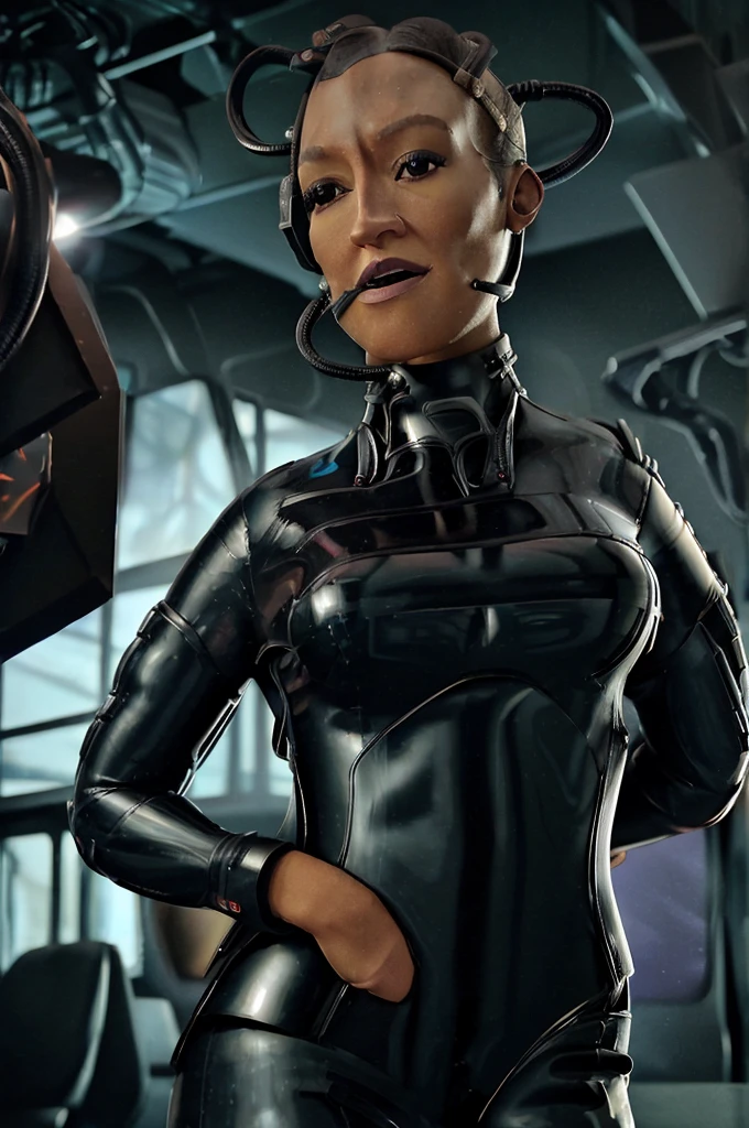 (tawny newsome:1.2), (black skin:1.2), (liquid metal girl full body
 sttldunf uniform:1.2), (Liquid Metal sttldunf uniform:1.2) being being transformed into drone,, Borg, robotic, 
ballgag, leather catsuit, belt, lying, prisoner, (best quality,4k,8k,highres,masterpiece:1.2),ultra-detailed,(realistic,photorealistic,photo-realistic:1.37),dark moody lighting,dramatic chiaroscuro,cinematic, (portrait:1.2)