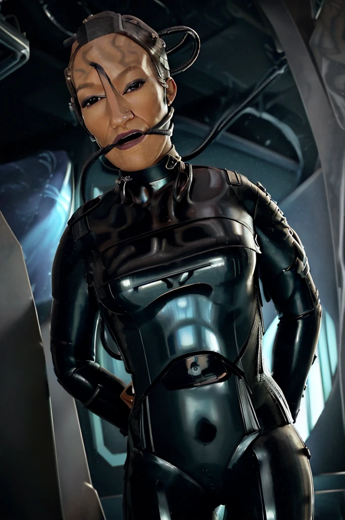 (tawny newsome:1.2), (black skin:1.2), (liquid metal girl full body
 sttldunf uniform:1.2), (Liquid Metal sttldunf uniform:1.2) being being transformed into drone,, Borg, robotic, 
ballgag, leather catsuit, belt, lying, prisoner, (best quality,4k,8k,highres,masterpiece:1.2),ultra-detailed,(realistic,photorealistic,photo-realistic:1.37),dark moody lighting,dramatic chiaroscuro,cinematic, (portrait:1.2)