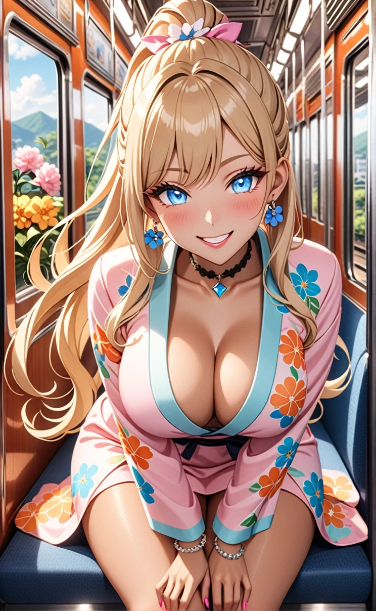 ultra-detailed, ((one girl)), in pastel colors gyaru, (heavy makeup), (tan skin:1.5), hyper detailed, absurdres, 8K, Beautiful Face, (Laugh shyly), ((teasing smile:1.8)), ((Wink:1.5)), (Laugh with your mouth wide open),((Tilt your head:1.6)), View your viewers, ((full-face blushed:1.6)),Glossy Red Lips, ((Big Breasts:1.5)), ((show off breast)), ((undressing)), noon, on the train, (Brighten your face), ((Anime style background)),masterpiece, Highest quality, so beautiful,Latest, Complex details, (Pink long nails), (nail art), (ring),(bracelet), (Floral Choker),AI-generated, Complex,High resolution, Highest quality, super high quality,3D Images、3D Images,One person, (Blonde long hair), (High Ponytail), (wavy hair:1.3), Pastel anime woman posing for a photo, ((Fine grain、blue eyes、glowing eyes:1.4)), (Squint your eyes:1.1),a hyperRealistic , hyperRealistic , Realistic,Long blonde anime woman, Smooth anime CG art, A girl in a gorgeous pastel-colored kimono, ((Pastel colored long sleeve kimono)),(Pink large floral pattern), Long flower hair ornament,Floral Earrings,Mature Body, tall, Tight waist,((Sit in your seat)), ((leaning forward:1.6)), ((hand between legs:1.5)), (from above),