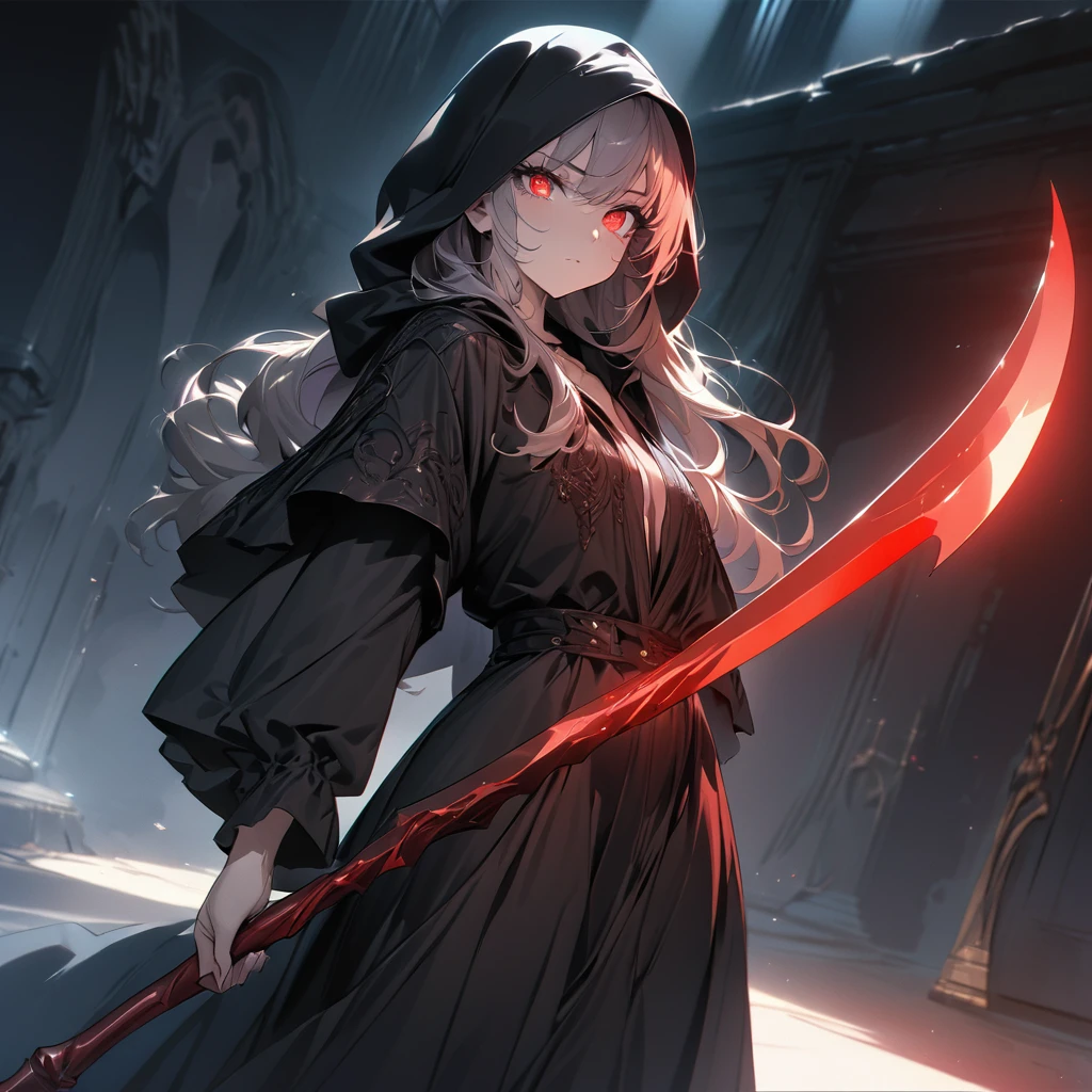 one beautiful Germans girl's Grim Reaper,teenagers,wearing robe,She's standing with a scythe,Look in here,luxury,(((masterpiece))), (((best quality))), ((ultra-detailed)), (illustration), (detailed light),((an extremely delicate and beautiful)),(beautiful detailed eyes),red eyes