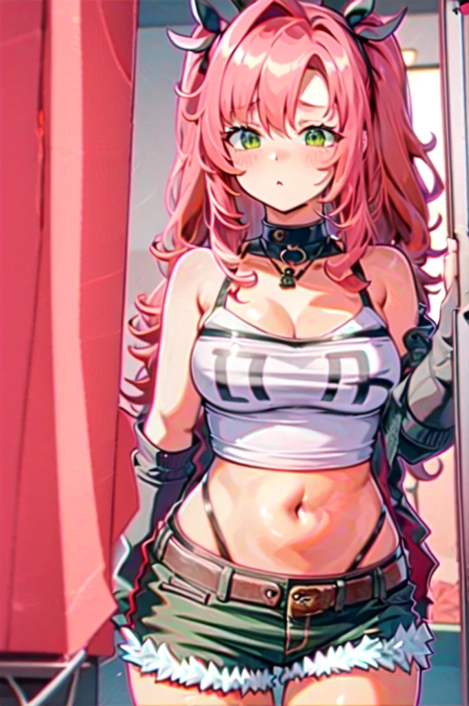 Masterpiece, best quality, highres, green eyes, pink hair, huge breasts, cleavage, tanktop, shorts, navel, indoors, bed, hanging breast, blush