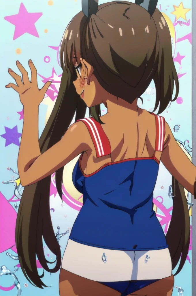 One Girl, alone, whole body, blush, smile, I401KC, Brown Hair, Short ponytail, White shirt, Sleeveless,One piece swimsuit, Bare arms, Sleeveless shirt, headgear, School Swimsuit, Sunburn, Sunburnlines, dark skin, Wear a swimsuit under your clothes, Sailor shirt, Orange sailor collar, From behind, 