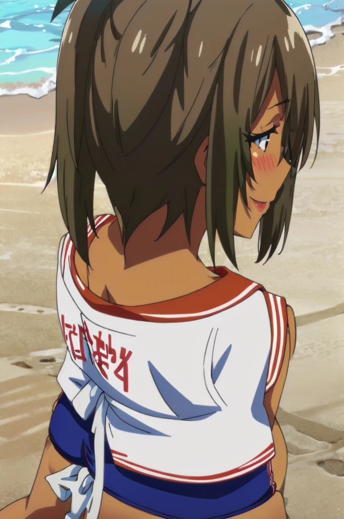 One Girl, alone, whole body, blush, smile, I401KC, Brown Hair, Short ponytail, White shirt, Sleeveless,One piece swimsuit, Bare arms, Sleeveless shirt, headgear, School Swimsuit, Sunburn, Sunburnlines, dark skin, Wear a swimsuit under your clothes, Sailor shirt, Orange sailor collar, From behind, 