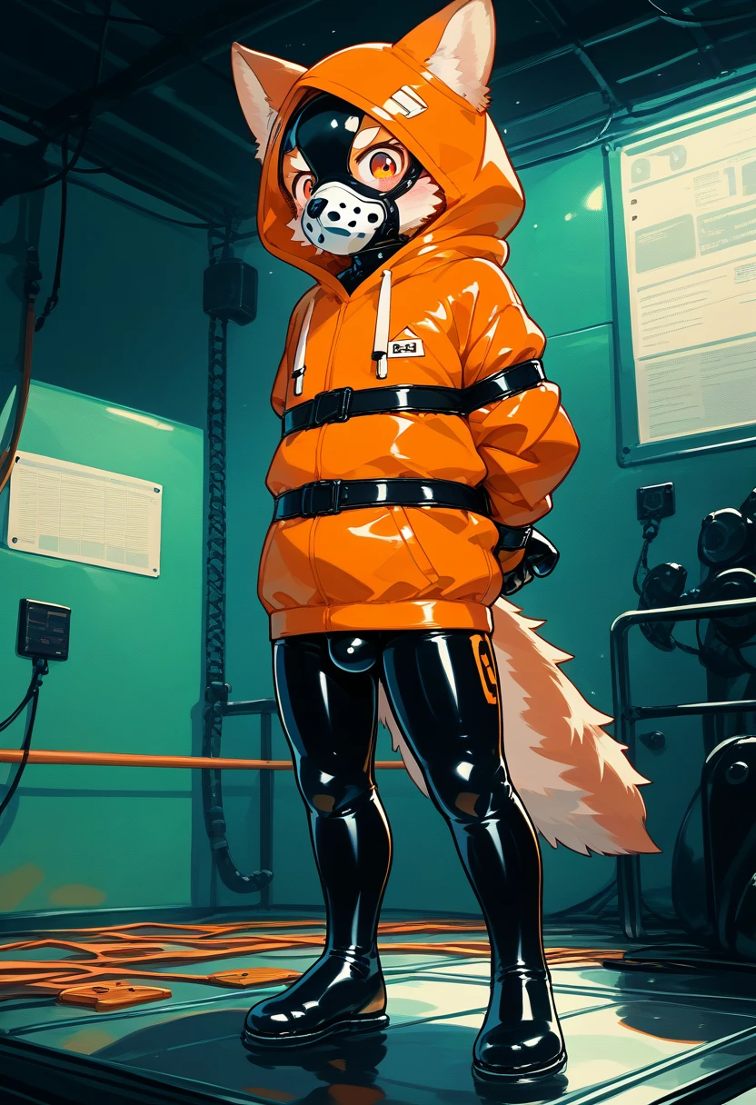 Highest quality, Highest quality, High quality illustrations, masterpiece, Ultra-high resolution, Detailed Background, In the cage, Absurd, Perfect Anatomy, performance, Good lighting, Shadows in the movies(kemono, Furry Personifi猫ion), Dark Skin, Rubber suit, Rubber suit, latex, Neon color, Black rubber spats, Orange rubber hoodie, Rubber mask, ribbon, Embarrassing, Null bulge, Hands restrained behind your back, first round, Lock, Prisoner, male, juvenile