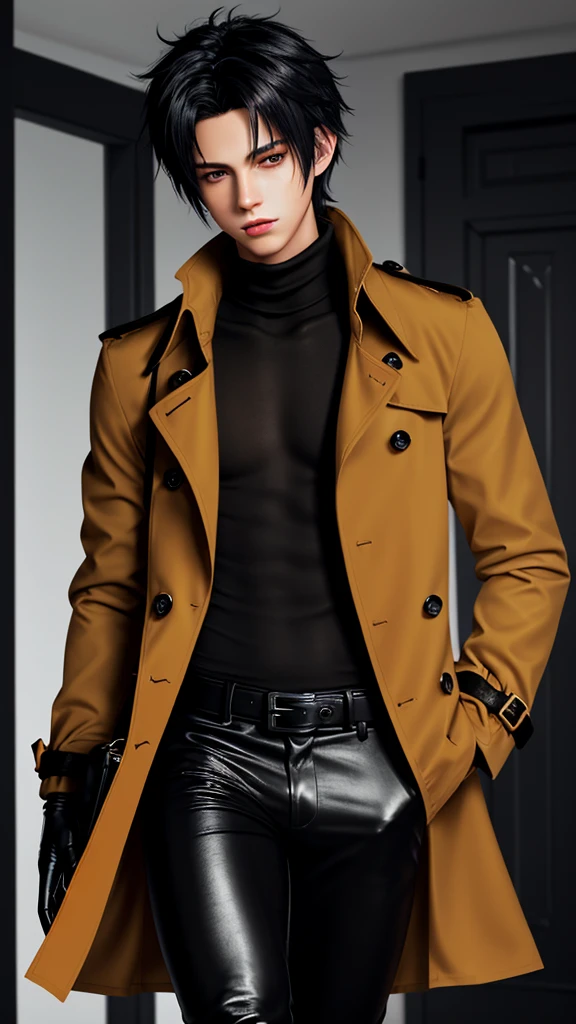 Final fantasy taste and reality graphics, Japanese young cute and cool ikemen boy, his age is early 20s, thin eyebrows and beady eyes, he wearing orange beige color double brest very thick trench coat, with a black color neck fur.,neck fur is black color, must black neck fur,
Must tighten your belt og coat, with epaulet, must close the front of the trench coat,, must trench coat cloth the front, also wearing black very thick turtleneck lackluster shirts, tight black leather pants, shiny black leather tight and must put on a thin leather glove both hands, black leather knee-high raceup boots,must views head-to-toe,must views whole body, boy looks like fashion model,Do not show skin from the neck down,leather jacket leather glove and leather pants have few wrinkles,boy in the room,,Avoid showing your innerwear