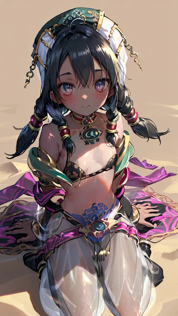 1girl, Angle from the front, The girl bends forward to show off her breasts、(Blade), (Tanned shiny black skin:1.6)、Glowing Eyes, ((grinning with a devilish smile)), ( girl), blondes、Twin tails、forehead、Small breasts, hat, ((((arabian clothes, see-through)), (microphone headband), (Areola Slip), small breasts, (jewelry)))、desert, ((sahara))、((Sit with your legs apart))、M-shaped legs、(股を開く)、(ass),