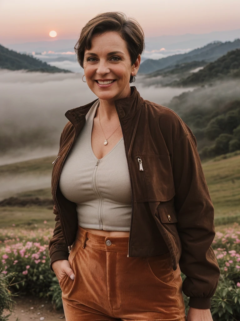 1 girl, photorealistic, realistic, her name is Elise, middle age, a 45-year-old woman with gray hair, body of 45-year-old woman, wrinkles on her face and body, Alpine woman, ((dark brown hair, short hair))), smiling,(((dynamic pose))), nudity, (((The quiet mountains are shrouded in a sea of mist.,Stunning sunrise casting warm hues,Beautiful flowers bloomed in front of us.,The atmosphere is dreamy and peaceful.,Beautiful landscape of Thailand,Harmony between nature and humanity))), (((she choose a cropped corduroy jacket is tailored with a slightly boxy silhouette, featuring a plush texture and a rich color like brown. Its cropped length accentuates the waistline and adds structure to the ensemble. There is no top beneath the jacket, she paired it with color black high-waisted cycling shorts in a sleek, stretchy fabric that conforms to her figure))), (((boobies)))