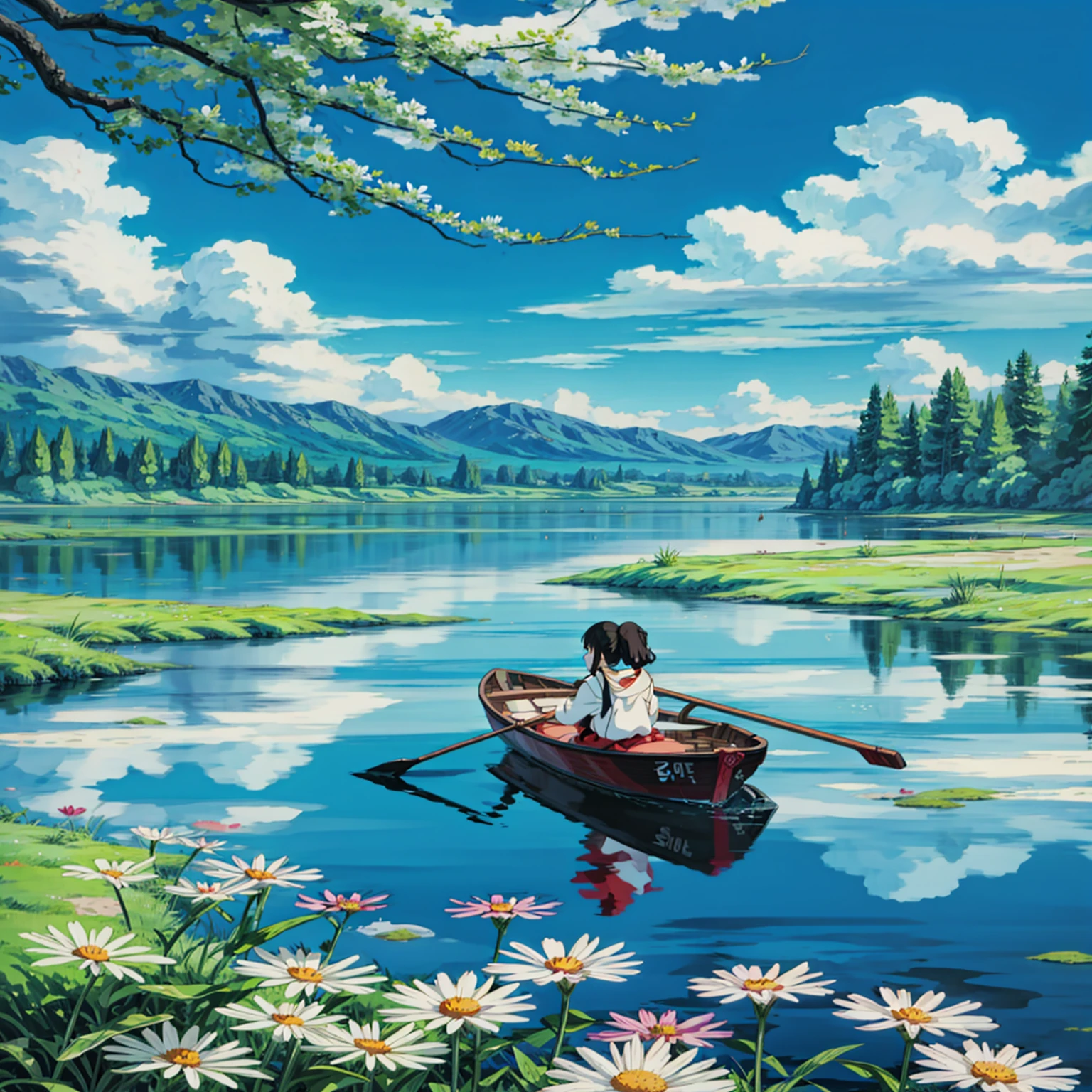 A girl sitting on a boat on a lazy river,  Beautiful floating clouds. Japanese cartoons, Fantasy Landscape Art, ,  4k HD, Beautiful art UHD 4K, A beautiful artistic illustration, Beautiful digital painting, Highly detailed digital painting, Beautiful digital artwork, Detailed painting 4k, Highly detailed digital painting, The colors are brilliant and rich, Gorgeous numbers