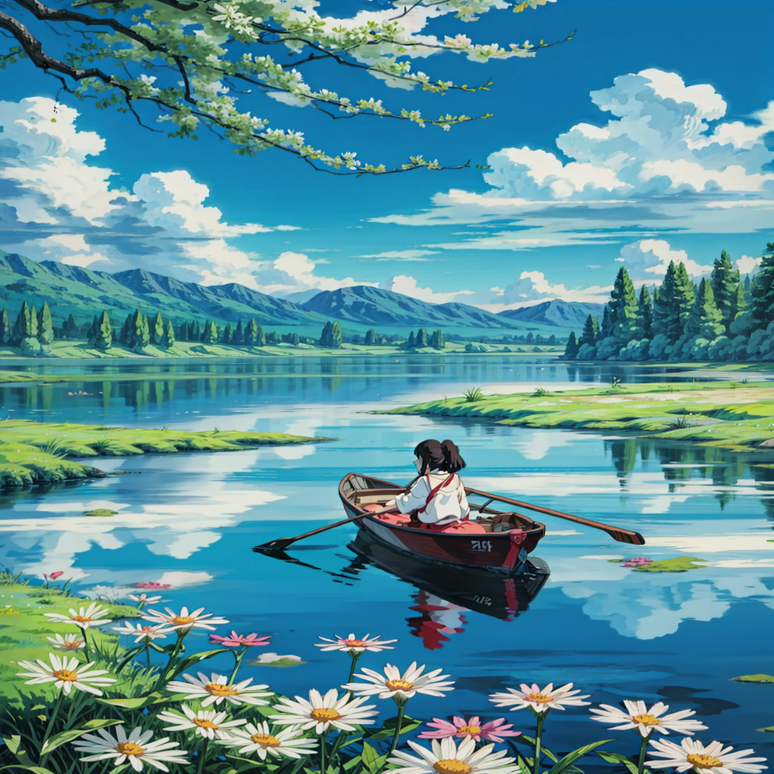 A girl sitting on a boat on a lazy river,  Beautiful floating clouds. Japanese cartoons, Fantasy Landscape Art, ,  4k HD, Beautiful art UHD 4K, A beautiful artistic illustration, Beautiful digital painting, Highly detailed digital painting, Beautiful digital artwork, Detailed painting 4k, Highly detailed digital painting, The colors are brilliant and rich, Gorgeous numbers