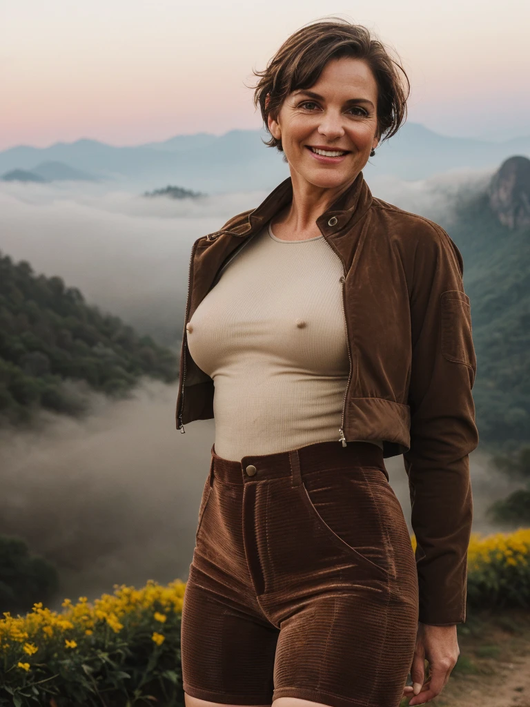 1 girl, photorealistic, realistic, her name is Elise, middle age, a 45-year-old woman with gray hair, body of 45-year-old woman, wrinkles on her face and body, Alpine woman, ((dark brown hair, short hair))), smiling,(((dynamic pose))), nudity, (((The quiet mountains are shrouded in a sea of mist.,Stunning sunrise casting warm hues,Beautiful flowers bloomed in front of us.,The atmosphere is dreamy and peaceful.,Beautiful landscape of Thailand,Harmony between nature and humanity))), (((she choose a cropped corduroy jacket is tailored with a slightly boxy silhouette, featuring a plush texture and a rich color like brown. Its cropped length accentuates the waistline and adds structure to the ensemble. There is no top beneath the jacket, she paired it with color black high-waisted cycling shorts in a sleek, stretchy fabric that conforms to her figure))), (((boobies)))