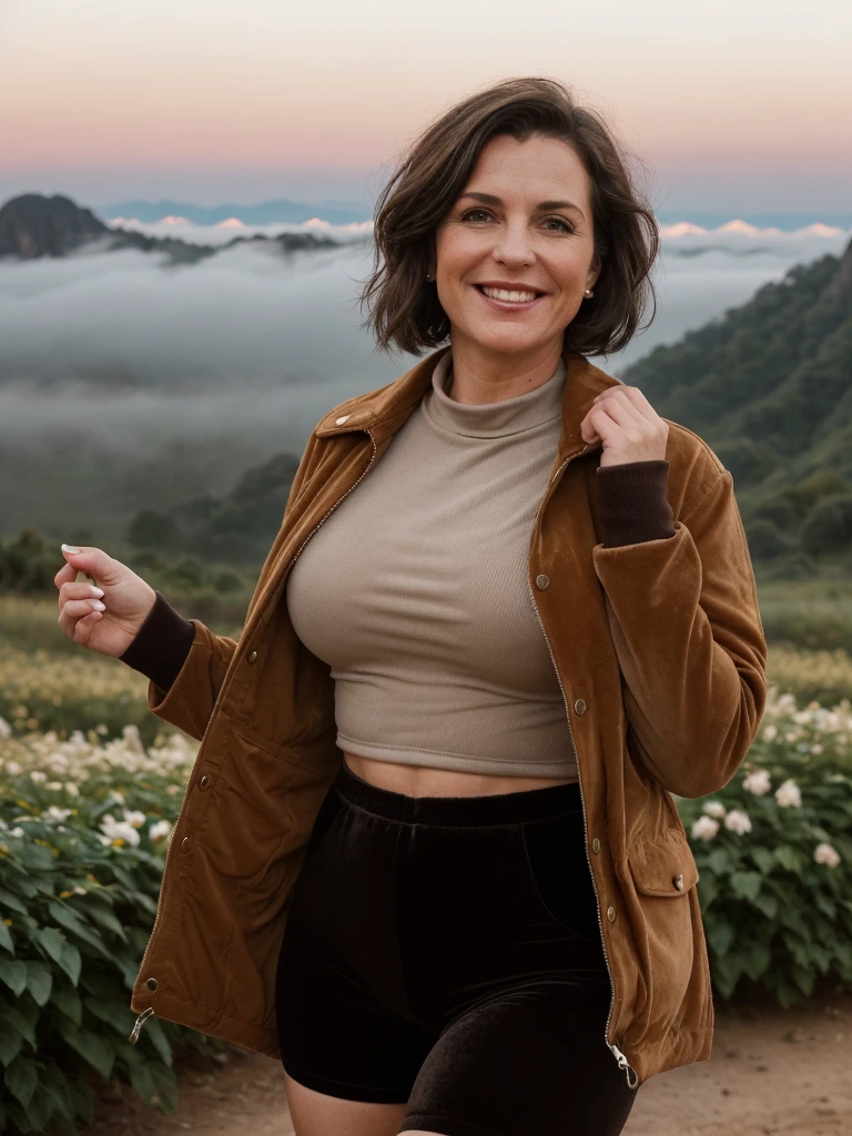 1 girl, photorealistic, realistic, her name is Elise, middle age, a 45-year-old woman with gray hair, body of 45-year-old woman, wrinkles on her face and body, Alpine woman, ((dark brown hair, short hair))), smiling,(((dynamic pose))), nudity, (((The quiet mountains are shrouded in a sea of mist.,Stunning sunrise casting warm hues,Beautiful flowers bloomed in front of us.,The atmosphere is dreamy and peaceful.,Beautiful landscape of Thailand,Harmony between nature and humanity))), (((she choose a cropped corduroy jacket is tailored with a slightly boxy silhouette, featuring a plush texture and a rich color like brown. Its cropped length accentuates the waistline and adds structure to the ensemble. There is no top beneath the jacket, she paired it with color black high-waisted cycling shorts in a sleek, stretchy fabric that conforms to her figure))), (((boobies)))