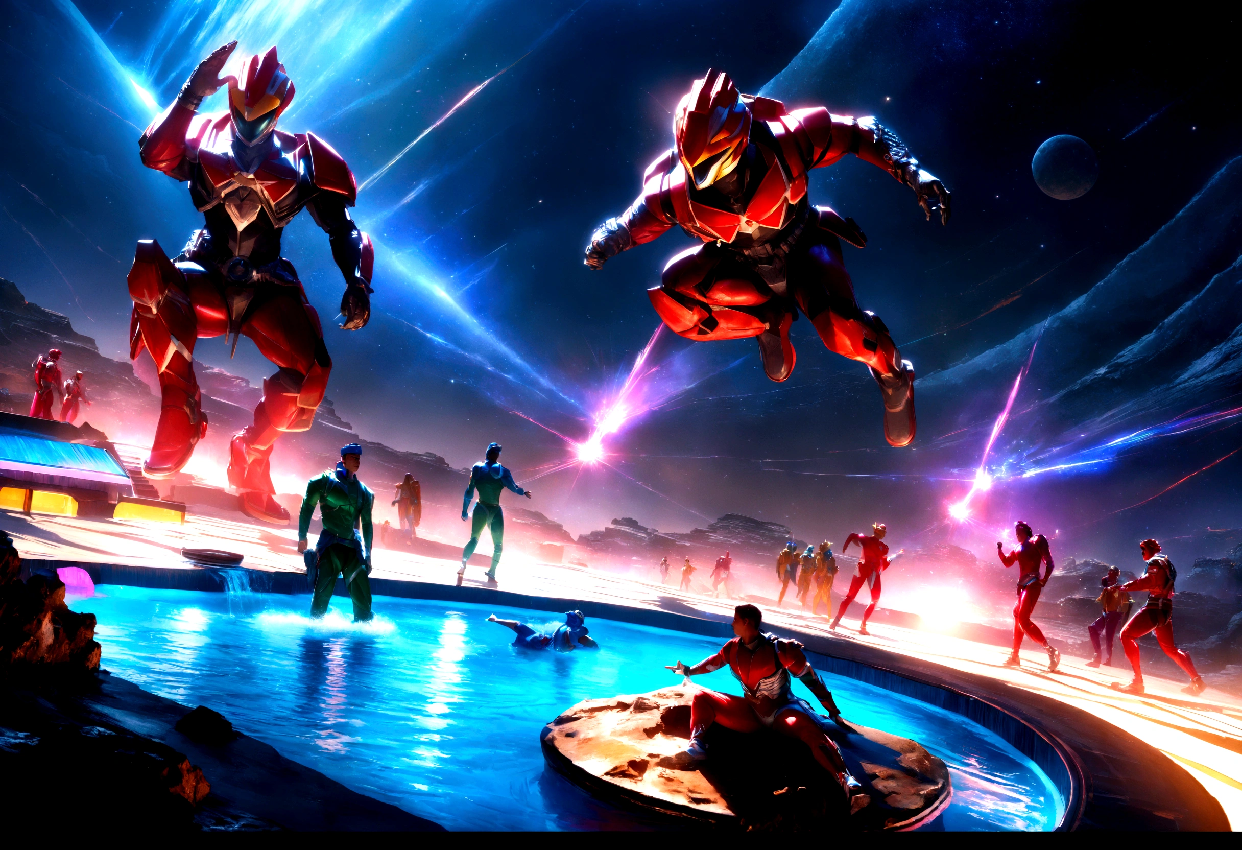 a group of power rangers in colorful swimsuits having a pool party, zoids dancing among the stars in a magical night sky on a ranger asteroid, ultra detailed, vibrant colors, cinematic lighting, 8k, photorealistic, intricate details, masterpiece