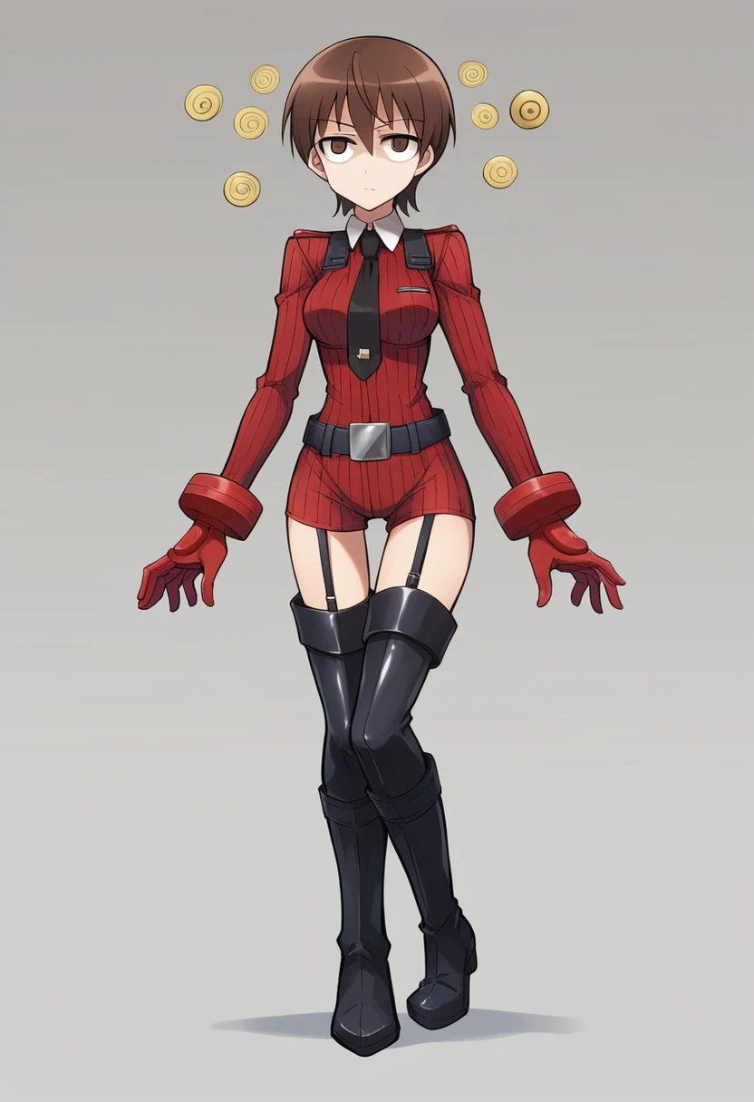 Super detailed, Explicit, Beautiful body, Beautiful Nose, Beautiful character design, Perfect Eyes, Perfect Face, Ultra-high resolution, 4K, Beautiful feet, Perfect Legs, Nice hands, Perfect hands, masterpiece, Highest quality, Very detailed, figure, Absurd, Perfect Anatomy, Street Fighter, Doll Suit, Shadaloo Doll, Doll Suit, Expressionless, Hollow Eyes, View your viewers, Red gloves, emotionless, black latex, corruption, Mind control, Female Fighter, whole body, Hypnosisにかかった, Unfortunate trance, whole body suit, ribbed bodysuit, Arms at your sides, follow, Perfect female body, extremely glossy latex, Hypnosis, Hypno Lola, Hollow Eyes, Mind control装置, Pauses, Obedient_Pause, slave, Have, tie, Stand up straight, Are standing, Are standing at attention, Have, tie, belt, latex, ribbed bodysuit, Knee socks, garter belt, Combat Stance, Extend your right arm from your shoulder、Stretch your hands out into the air, army, Thigh-high boots, One girl, alone, Brown Hair, short hair, Brown eyes, nishizumi miho, Strike Witches
