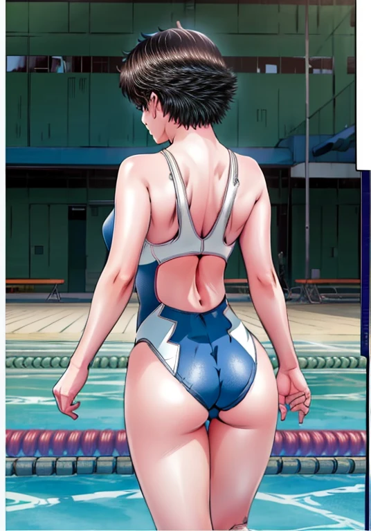 A boyish, short-haired, busty, beautiful-legged woman is standing by the pool in a competitive swimsuit.。Angle from behind。A middle-aged man is standing there taking pictures of a beautiful woman with his camera.。