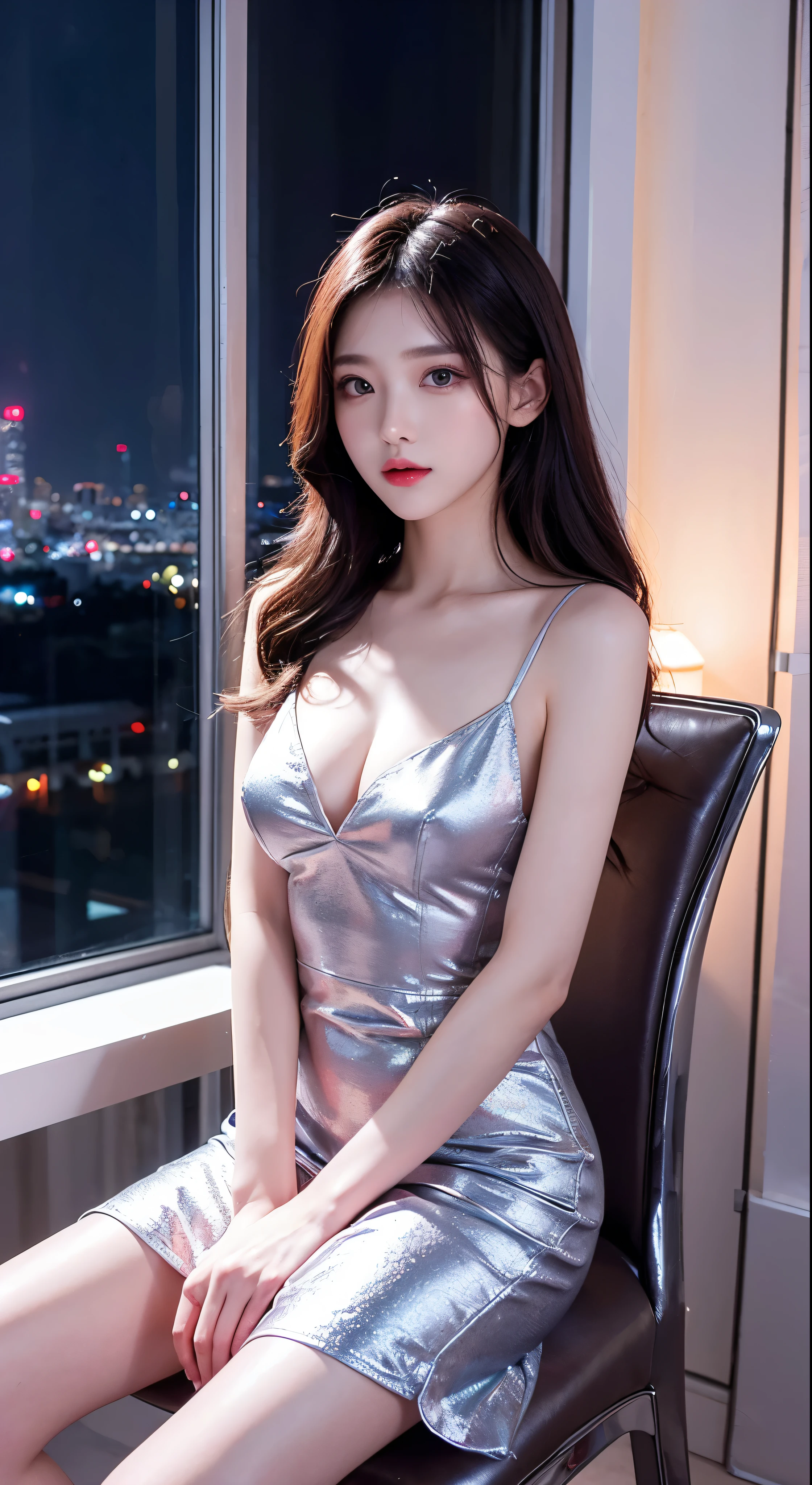 Sitting on a chair in a blue dress、Korean female fashion model、Elegant clothes、Glossy clothes、Lucky me, I see、Highest quality、masterpiece、Ultra-high resolution、Realistic、Cityscape in the background
