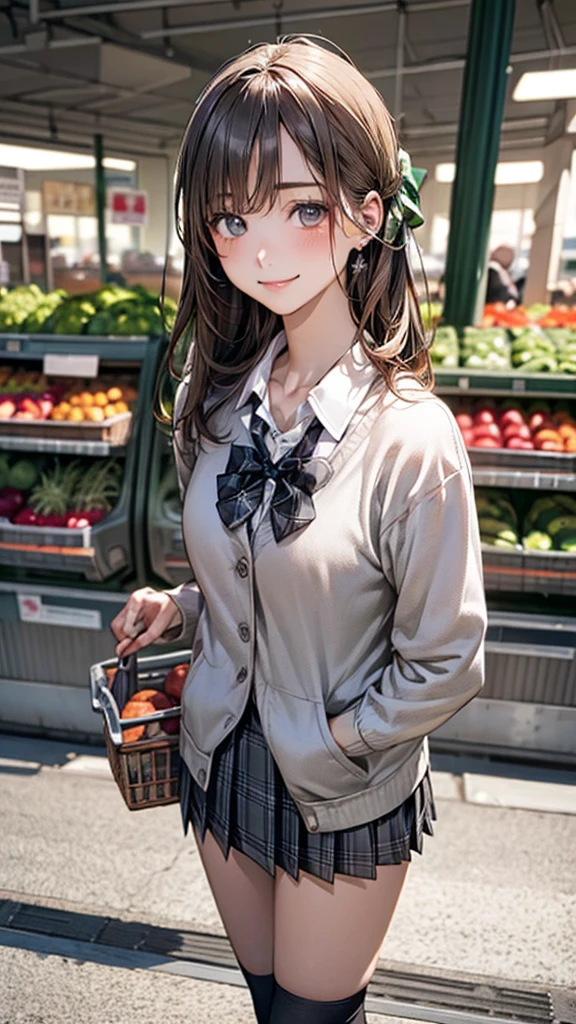 (masterpiece:1.2, top-quality), (realistic, photorealistic:1.4), beautiful illustration, (natural side lighting, movie lighting), nsfw,
looking at viewer, cowboy shot, front view:0.6, 1 girl, japanese, high school girl, perfect face, cute and symmetrical face, shiny skin,
(middle hair:1.1, lob:1.0, light brown hair), bangs, grey eyes, long eye lasher, (large breasts:0.7),
beautiful hair, beautiful face, beautiful detailed eyes, beautiful clavicle, beautiful body, beautiful chest, beautiful thigh, beautiful legs, beautiful fingers,
(((dark grey jacket), light grey collared shirts, dark grey pleated mini skirt, black socks, grey plaid bow tie)),
(beautiful scenery), evening, (detailed, inside supermarket, fruit and vegetable section of a supermarket, walking, bring a shopping basket), (lovely smile, upper eyes),