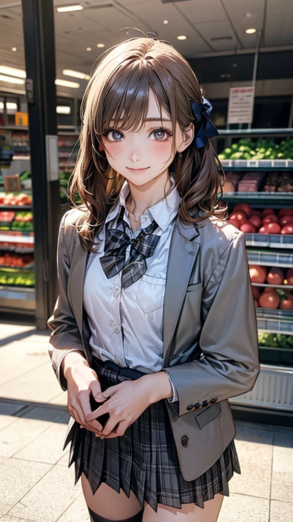 (masterpiece:1.2, top-quality), (realistic, photorealistic:1.4), beautiful illustration, (natural side lighting, movie lighting), nsfw, 
looking at viewer, cowboy shot, front view:0.6, 1 girl, japanese, high school girl, perfect face, cute and symmetrical face, shiny skin, 
(middle hair:1.1, lob:1.0, light brown hair), bangs, grey eyes, long eye lasher, (large breasts:0.7), 
beautiful hair, beautiful face, beautiful detailed eyes, beautiful clavicle, beautiful body, beautiful chest, beautiful thigh, beautiful legs, beautiful fingers, 
(((dark grey jacket), light grey collared shirts, dark grey pleated mini skirt, black socks, grey plaid bow tie)), 
(beautiful scenery), evening, (detailed, inside supermarket, fruit and vegetable section of a supermarket, walking, bring a shopping basket), (lovely smile, upper eyes), 