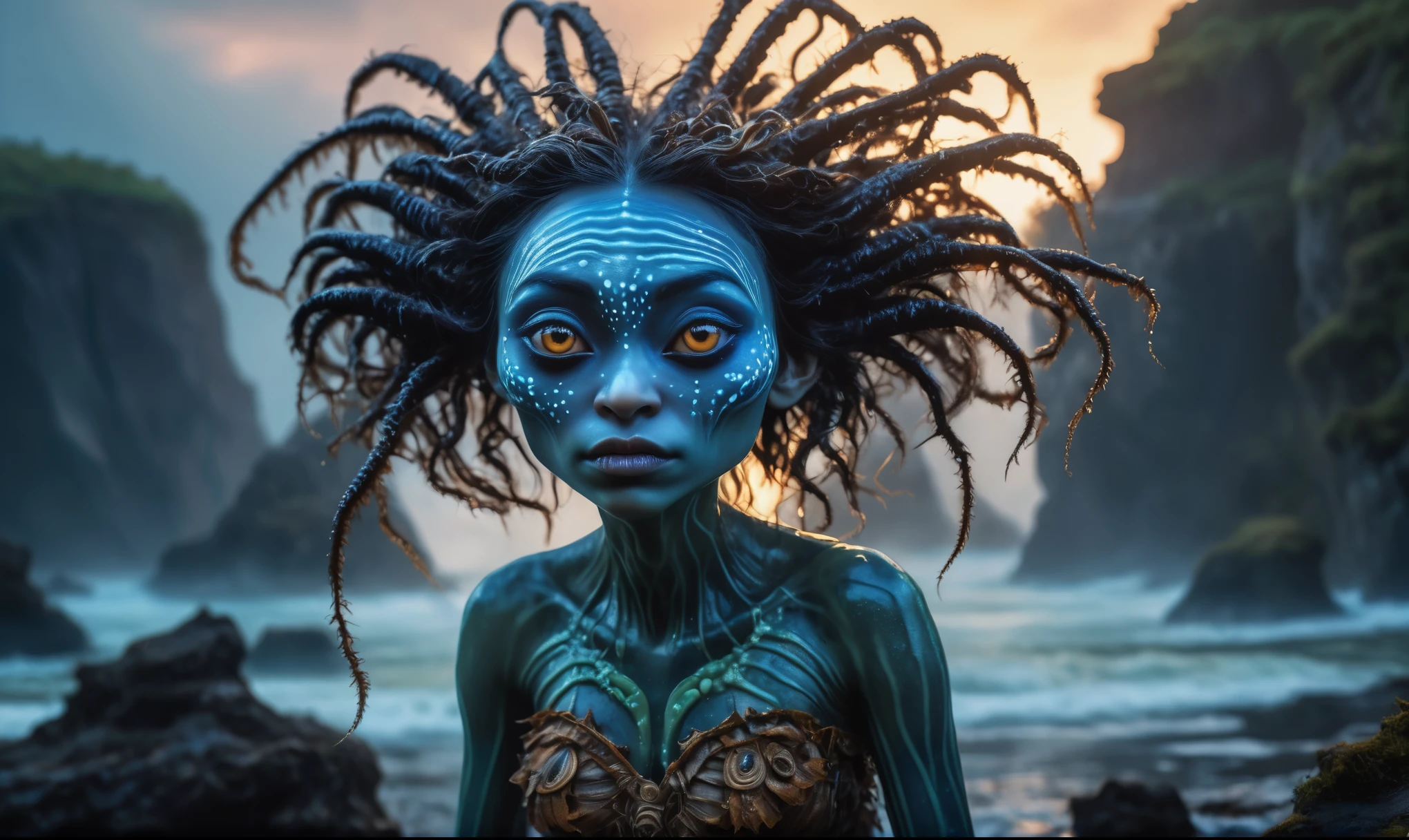 view from height,full-body-shot,obsidian The Alien Entity Moana, sassiness temper,natural jellyfish's skin textures, hyper realisitc, hyper detailed,Extremely detailed,High contrast, ,Realistic,Ultra Detailed,intricate details,realistic humid skin,extremely intricate,Epic Realistic, Romantic, cinematic style,irina yermolova, messy hair,extremely detailed, ,masterpiece,intricate details,faded,eyes extremely detailed, high detailed eyes,32k resolution, Nikon Z9,orc's village of fishers,National Forest Park,full body length,mother-of-marble,ominous landscape,floating islands on background in dangerous atmosphere,intricate details,realistic humid skin,extremely intricate details,anatomically correct,faded,eyes extremely detailed, high detailed eyes,UHD,Retina,HDR,natural skin textures, hyper realism, hyper detailed,High contrast,Realism,Ultra Detailed,irina yermolova,close full body shot, masterpiece,faded,32k resolution, Nikon Z9,sunset, a Tim Burton-inspired dreamscape,Bun Hair,(Folk clothes:1.5),full body length,niobium goblin,native africa xenomorph,once pretty face,eyebrow up,full body shot,ominous landscape,niobium gray atmosphere,photo,photorealism,Masterpiece,hyper natural skin textures, hyper realism,hyper detailed,High contrast,Realism,Ultra Detailed,irina yermolova,close full body shot,32K resolution,Nikon Z9, ,demonic, fog, smoke, audience, mist, featuring ultra-realistic and hyper-realistic elements, Marta Bevacqua, Ellen Jewett, Kawacy, Katsuya Terada, Carne Griffiths,concert lighting, bokeh, luminal space that feels both bright and surreal. Includes liquid fluid elements for added depth and movement. Rendered in an unreal engine and post-processed to achieve . Evokes a sense of dreamy, ethereal and mystical mood,horror pixar movie still,thriller disney movie ,pixar render, animated ,indoor psychiatric clinic
