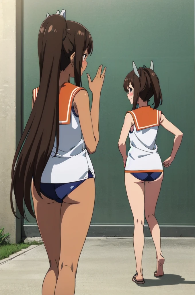 One Girl, alone, whole body, blush, smile, I401KC, Brown Hair, Short ponytail, White shirt, Sleeveless,One piece swimsuit, Bare arms, Sleeveless shirt, headgear, School Swimsuit, Sunburn, Sunburnlines, dark skin, Wear a swimsuit under your clothes, Sailor shirt, Orange sailor collar, From behind, 