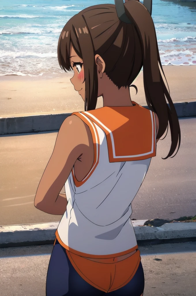 One Girl, alone, whole body, blush, smile, I401KC, Brown Hair, Short ponytail, White shirt, Sleeveless,One piece swimsuit, Bare arms, Sleeveless shirt, headgear, School Swimsuit, Sunburn, Sunburnlines, dark skin, Wear a swimsuit under your clothes, Sailor shirt, Orange sailor collar, From behind, 