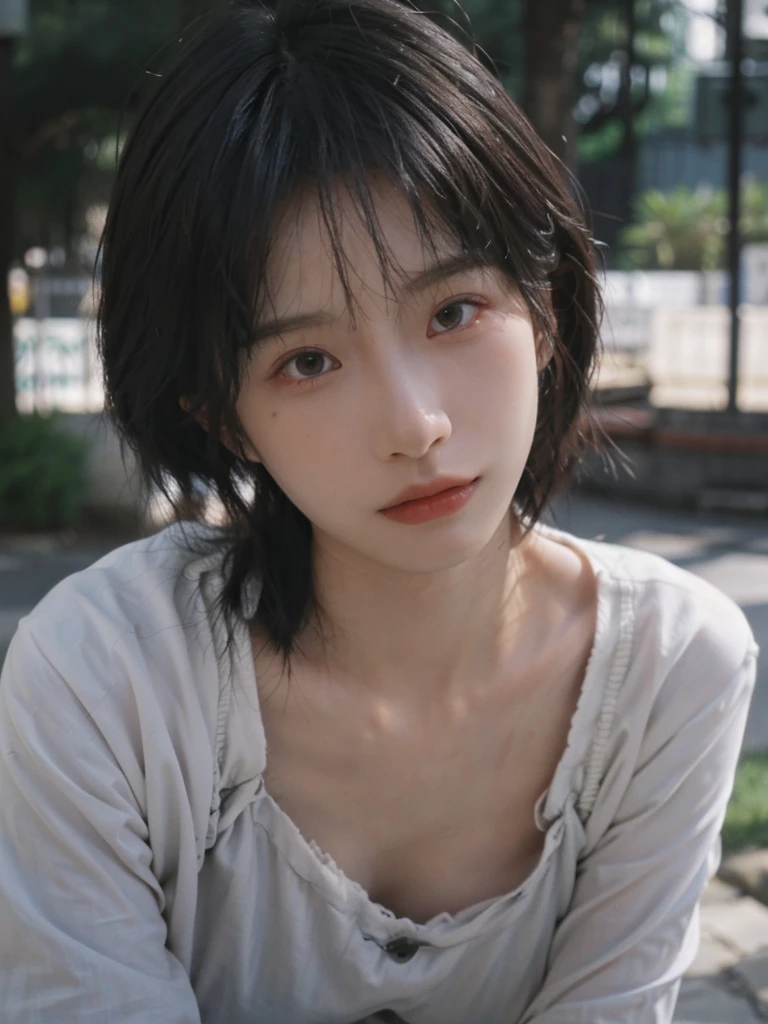 (Skin details:1.4), (smooth skin textures:1.3), Lipstick, background, earrings, Serene, calm, (Realistic and detailed eyes:1.2), (Large Breasts:1.3),Natural skin texture, Realistic facial details, Soft dramatic lighting, Vivid details, 35 mm film, outdoor, (Photo Practical:1.4), (hyper Practical:1.4), (Practical:1.3), (Smoother lighting:1.05), (Improve lighting quality:0.9), (Highest quality real skin textures:1.4), Exquisite eyes, Delicate face, Close-up of face, (Enhance the beauty of skin texture:1.1), Hair details, Model,normal body ratio, short hair, Moles under the eyes, Park background,Portrait Photography, Depth of Field, bokeh, Surrealism, Ray Tracing, (Portrait Photography:1.1), Surrealism, High Detail, clair obscur, Ray Tracing, reflected light, ultra HD, ultra HD, masterpiece, Textured Skin, Super Detail, High Detail, high quality, best quality