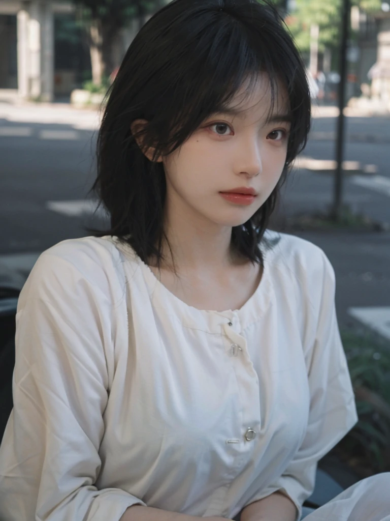 (Skin details:1.4), (smooth skin textures:1.3), Lipstick, background, earrings, Serene, calm, (Realistic and detailed eyes:1.2), (Large Breasts:1.3),Natural skin texture, Realistic facial details, Soft dramatic lighting, Vivid details, 35 mm film, outdoor, (Photo Practical:1.4), (hyper Practical:1.4), (Practical:1.3), (Smoother lighting:1.05), (Improve lighting quality:0.9), (Highest quality real skin textures:1.4), Exquisite eyes, Delicate face, Close-up of face, (Enhance the beauty of skin texture:1.1), Hair details, Model,normal body ratio, short hair, Moles under the eyes, Park background,Portrait Photography, Depth of Field, bokeh, Surrealism, Ray Tracing, (Portrait Photography:1.1), Surrealism, High Detail, clair obscur, Ray Tracing, reflected light, ultra HD, ultra HD, masterpiece, Textured Skin, Super Detail, High Detail, high quality, best quality