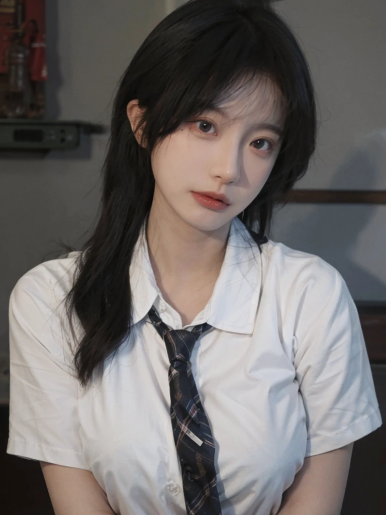 Best quality,masterpiece,ultra high res,(photorealistic:1.4),1girl,sexy,(shirt and tie:1.2),(large breast:1.3),(upper body:1.4)