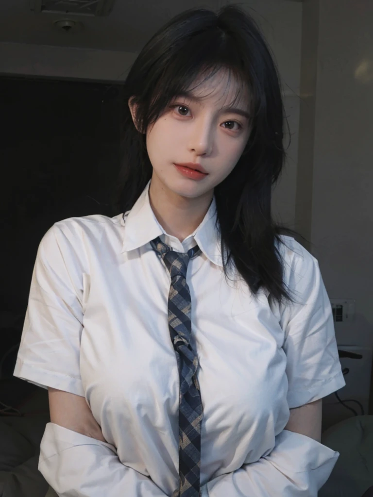 Best quality,masterpiece,ultra high res,(photorealistic:1.4),1girl,sexy,(shirt and tie:1.2),(large breast:1.3),(upper body:1.4)