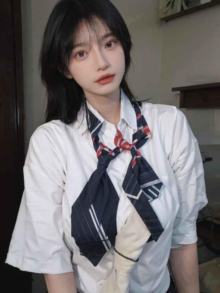Best quality,masterpiece,ultra high res,(photorealistic:1.4),1girl,sexy,(shirt and tie:1.2),(large breast:1.3),(upper body:1.4)