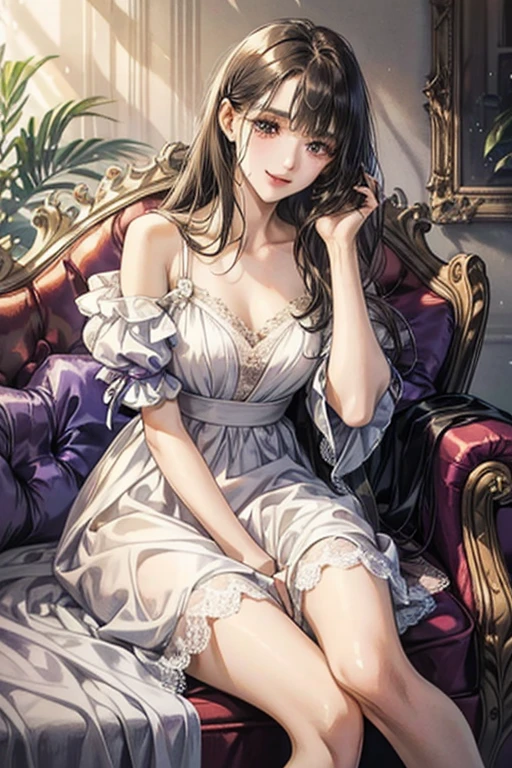 droopy eye、Brown eyelids on face、smile、17 year old female、Woman in a dress、Girls with medium hair、((Long Hair Girl))、Girl with bangs、Detailed face、Pretty face、((Best image quality))、Mole、Lace dress、White and purple clothes、White and purple dress、Hair Arrangement、Half Up、Simple Background、Woman sitting in a chair、White high heels、close ~ eye