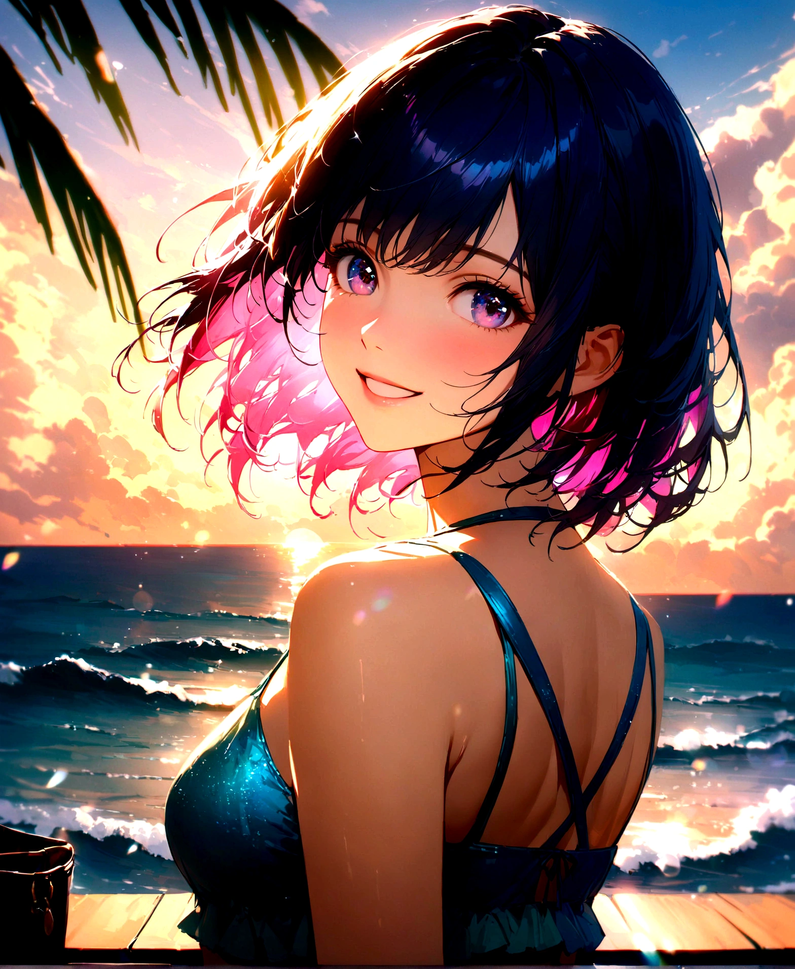 Sparkling sea and tropical ocean, A clear sky with fluffy white clouds, Palm trees along the coast, Blur the background,Pleasant sea breeze,high school girl,Swimwear,short hair,smile,Glitter effect,Highest quality, 4K, 8K, High resolution, masterpiece:1.2, Very detailed, Realistic:1.37, High resolution, 超High resolution, Ultra-fine painting, Sharp focus, Physically Based Rendering, Very detailedな説明, Professional, Vibrant colors