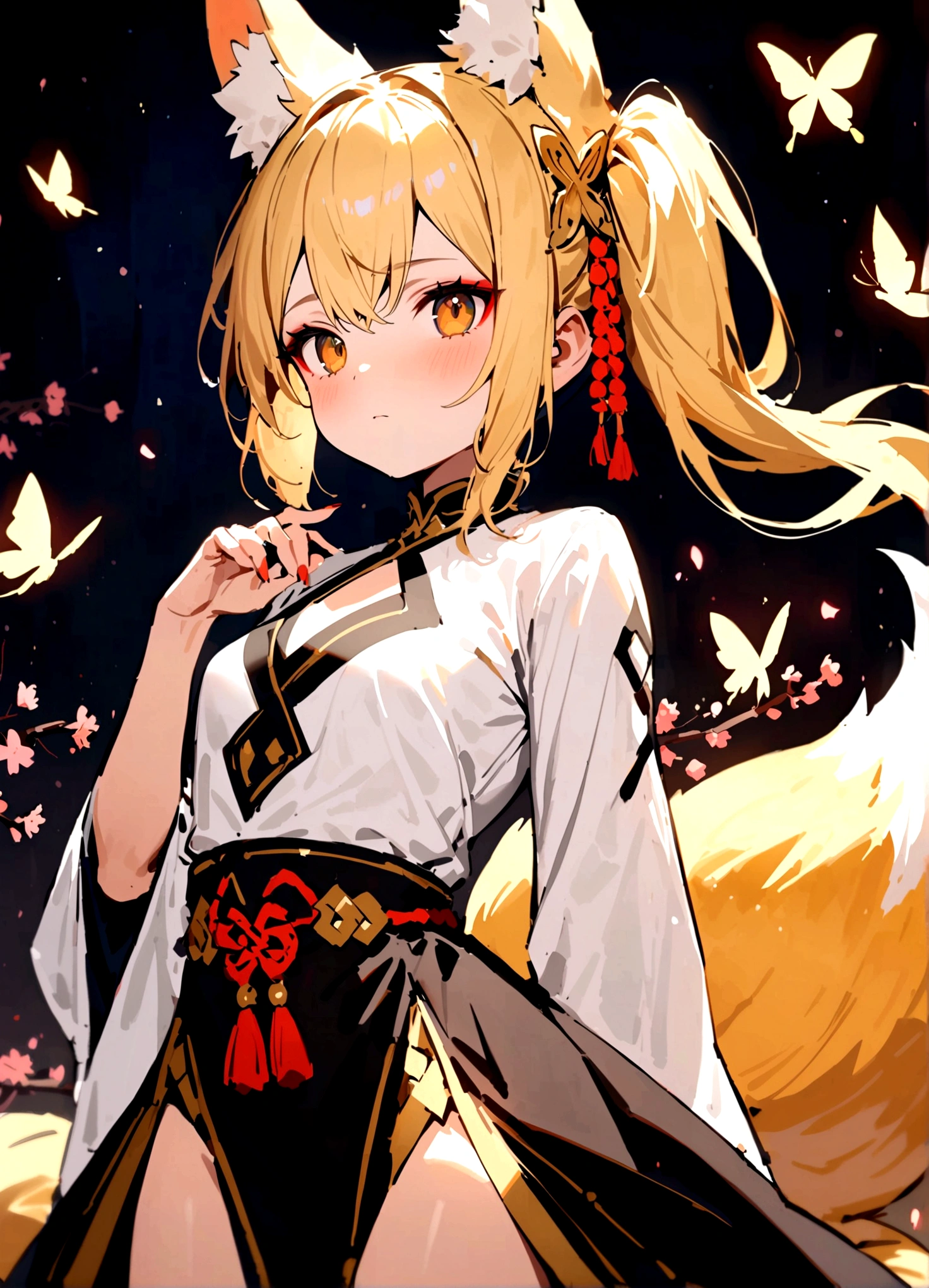 (masterpiece, best quality) junior,detailed, (beautiful,small breasts), blonde,long hair, side ponytail(gold butterfly hairband), elegant, (fox ears),nine tailed fox tail, red eyeshadow, golden eyes, femur,漏出femur, white shirt,shaman uniform,cherry blossom background,girl,NIGHT