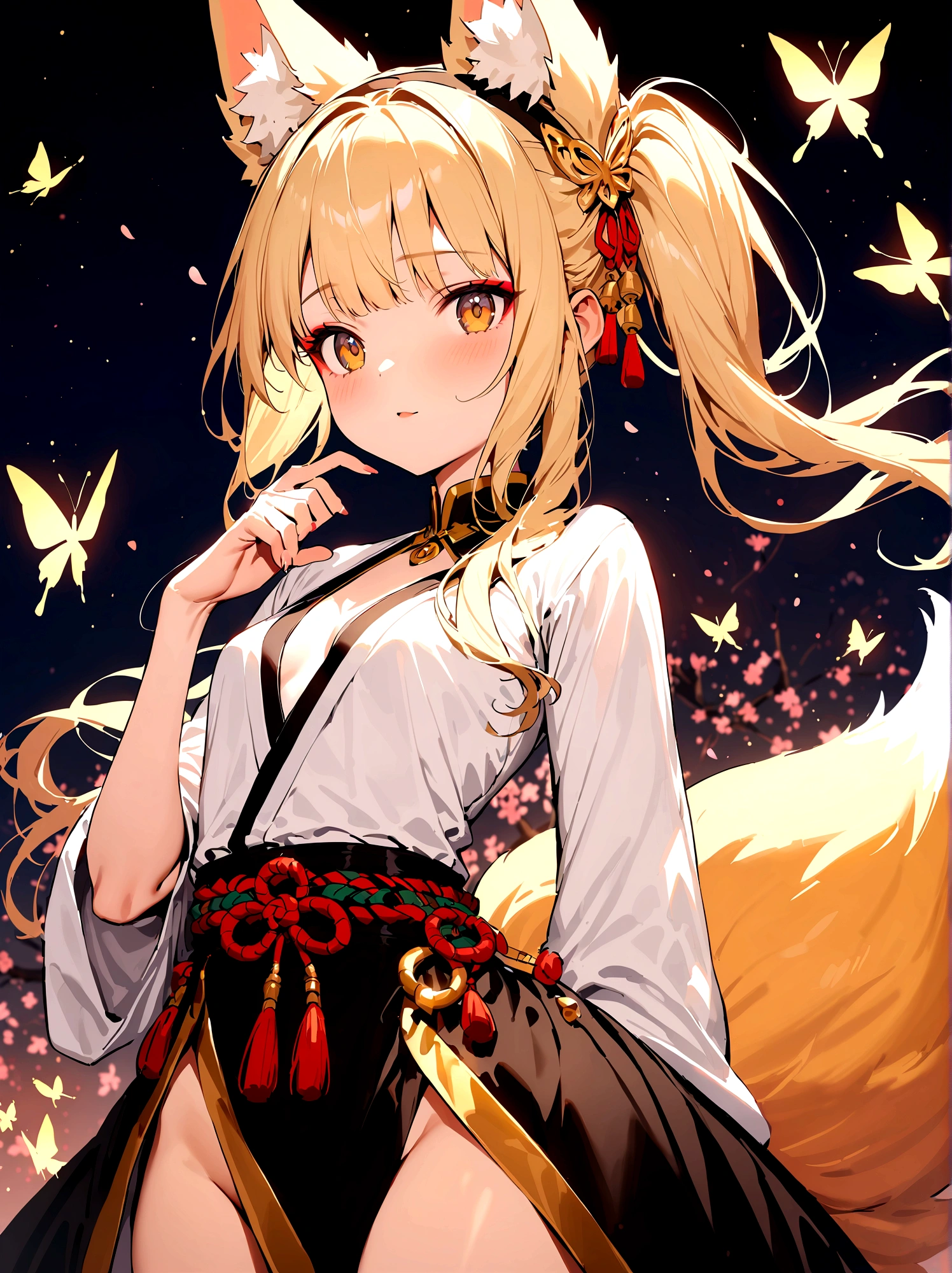 (masterpiece, best quality) junior,detailed, (beautiful,small breasts), blonde,long hair, side ponytail(gold butterfly hairband), elegant, (fox ears),nine tailed fox tail, red eyeshadow, golden eyes, femur,漏出femur, white shirt,shaman uniform,cherry blossom background,girl,NIGHT