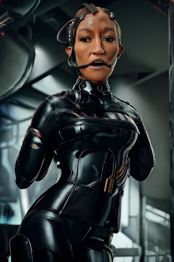 (tawny newsome:1.2), (black skin:1.2), (liquid metal girl full body
 sttldunf uniform:1.2), (Liquid Metal sttldunf uniform:1.2) being being transformed into drone,, Borg, robotic, 
ballgag, leather catsuit, belt, lying, prisoner, (best quality,4k,8k,highres,masterpiece:1.2),ultra-detailed,(realistic,photorealistic,photo-realistic:1.37),dark moody lighting,dramatic chiaroscuro,cinematic, (portrait:1.2)